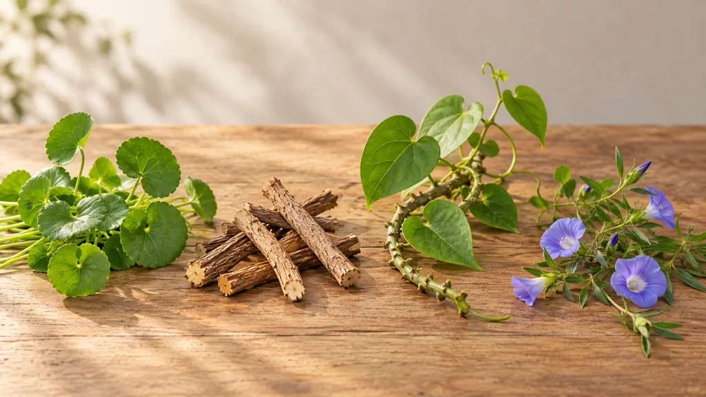 CENTELLA ASIÁTICA, ALCAÇUZ, GUDUCHI E SHANKHAPUSHPI, AS 4 PLANTAS MEDHYA RASAYANA
